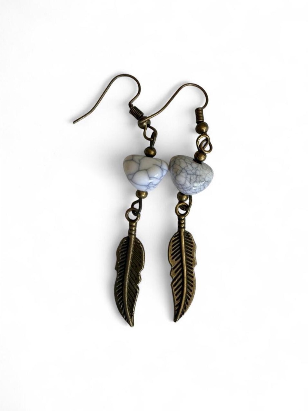 Handmade Heart Marble Bead & Bronze Feather Dangle Earrings